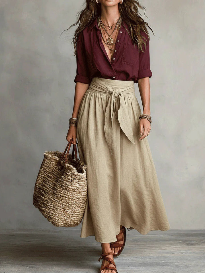 Vera – Two-Piece Set: Black Top and Olive Green Midi Skirt