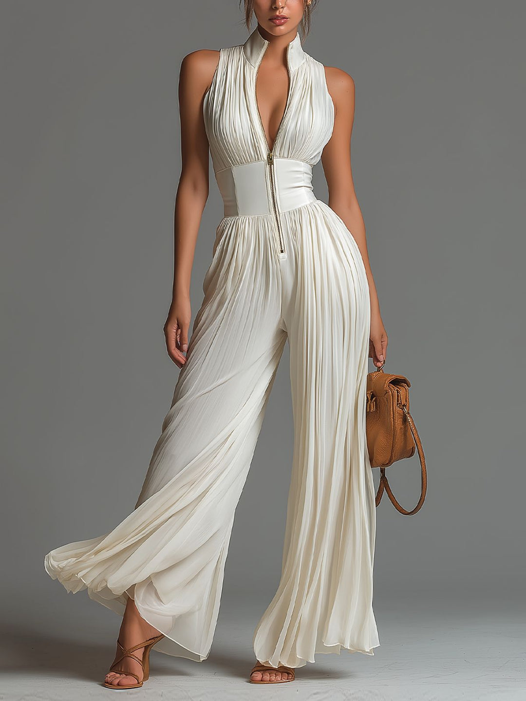 White Sleeveless Chiffon Jumpsuit with V-Neck, Zip and Pleated Wide-Leg Pants