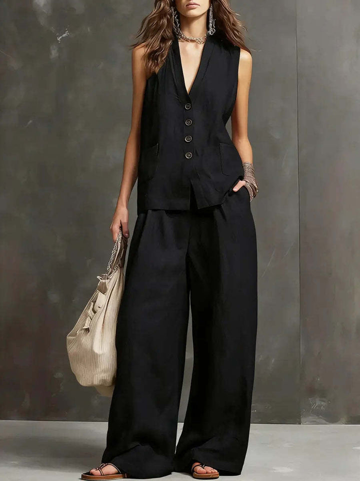 Cotton-Linen Two-Piece Set with Sleeveless Vest and Wide-Leg Pants