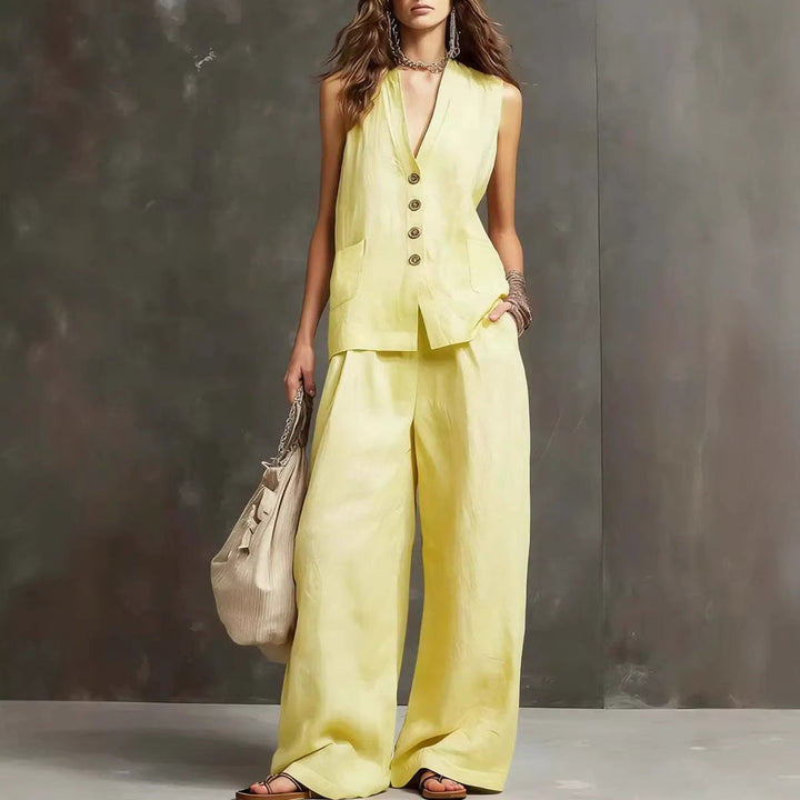 Cotton-Linen Two-Piece Set with Sleeveless Vest and Wide-Leg Pants