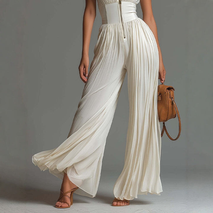 White Sleeveless Chiffon Jumpsuit with V-Neck, Zip and Pleated Wide-Leg Pants