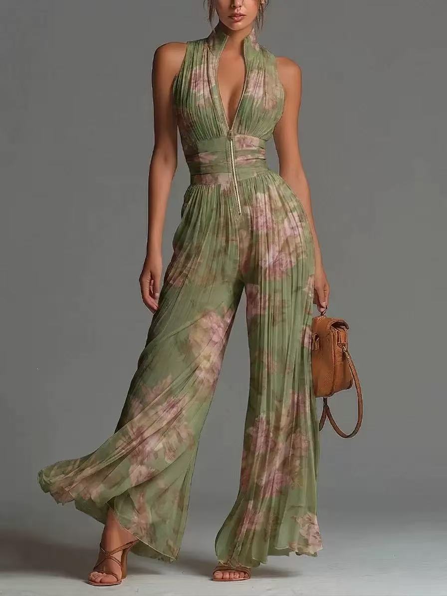White Sleeveless Chiffon Jumpsuit with V-Neck, Zip and Pleated Wide-Leg Pants