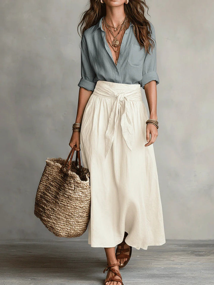 Vera – Two-Piece Set: Black Top and Olive Green Midi Skirt