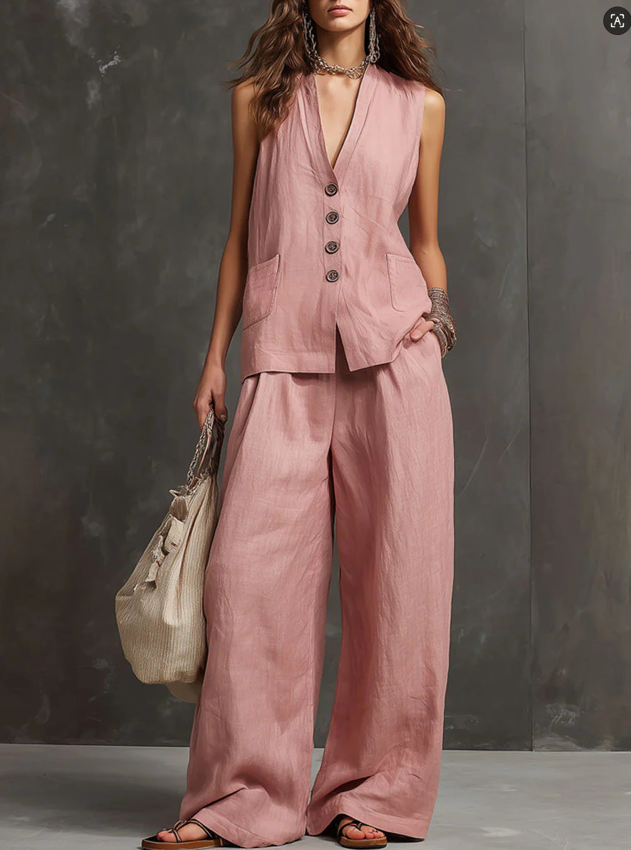 Cotton-Linen Two-Piece Set with Sleeveless Vest and Wide-Leg Pants