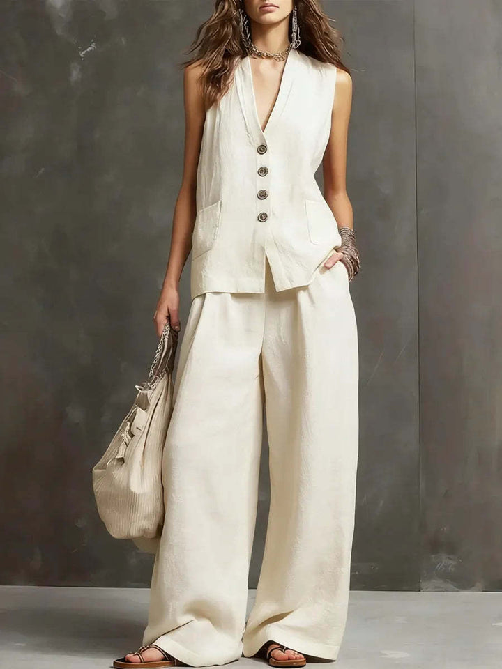 Cotton-Linen Two-Piece Set with Sleeveless Vest and Wide-Leg Pants