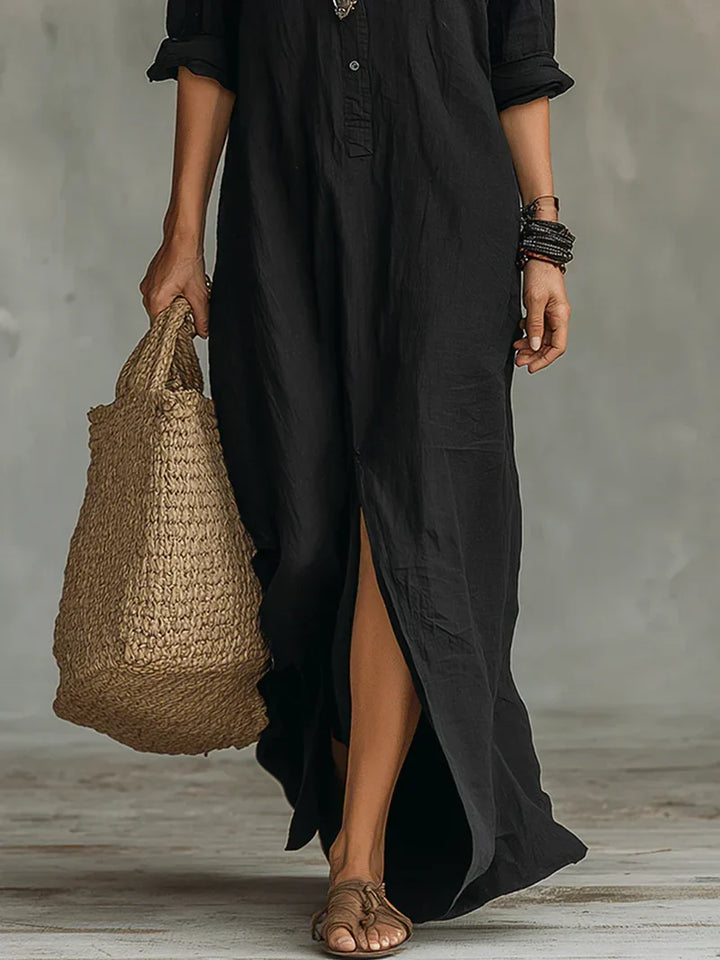 Céline™ | Relaxed Black Button Maxi Dress