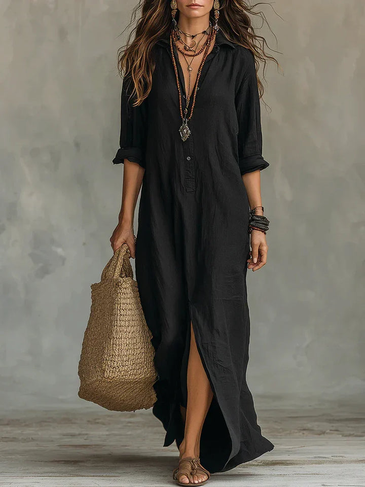 Céline™ | Relaxed Black Button Maxi Dress