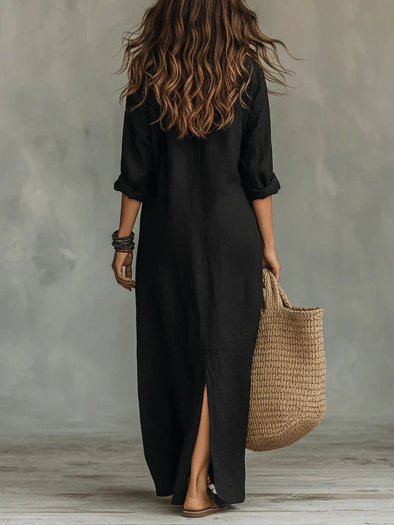 Céline™ | Relaxed Black Button Maxi Dress