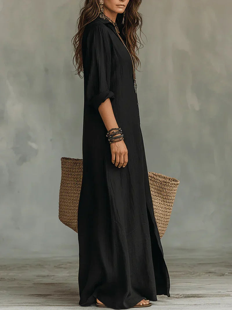 Céline™ | Relaxed Black Button Maxi Dress