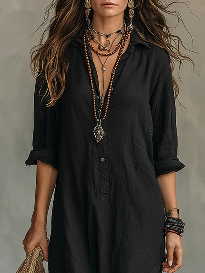 Céline™ | Relaxed Black Button Maxi Dress