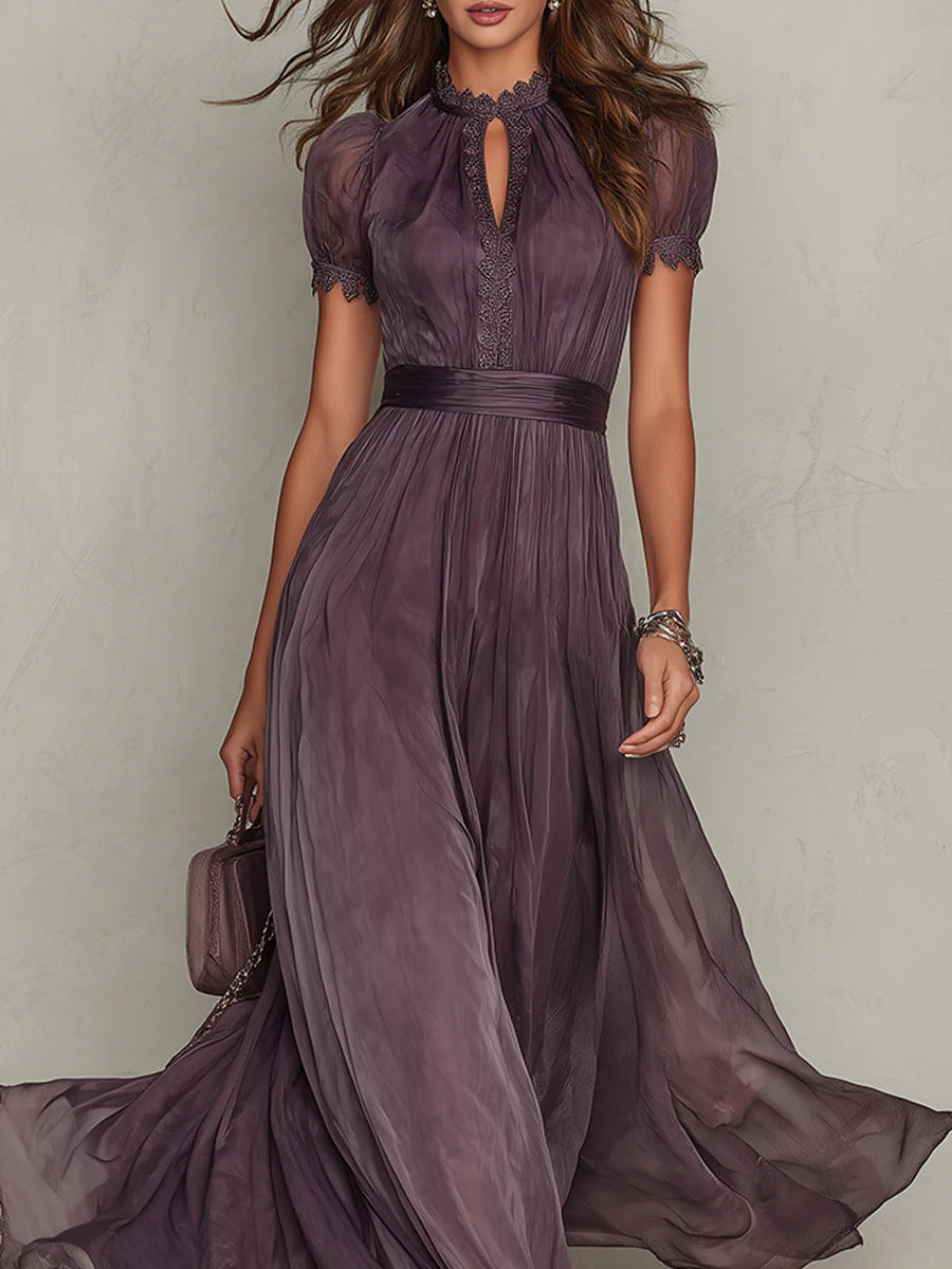 Flavia | Long Purple Keyhole-Neck Dress with Chiffon Lace Trim