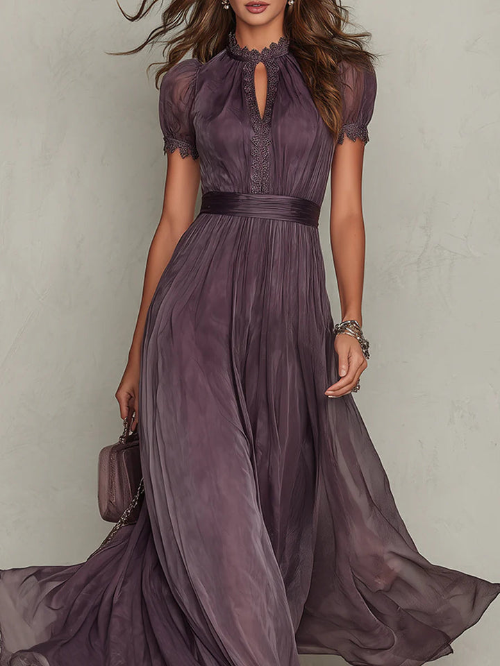 Flavia | Long Purple Keyhole-Neck Dress with Chiffon Lace Trim