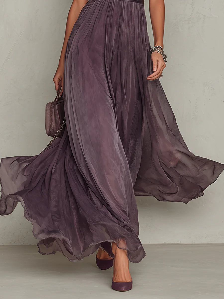 Flavia | Long Purple Keyhole-Neck Dress with Chiffon Lace Trim