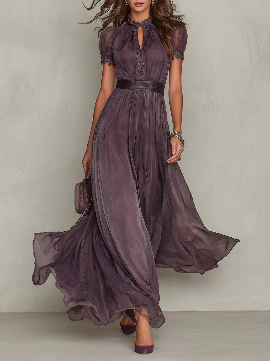 Flavia | Long Purple Keyhole-Neck Dress with Chiffon Lace Trim