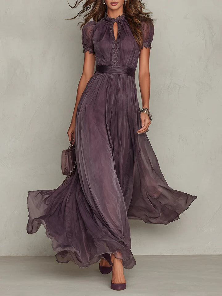 Flavia | Long Purple Keyhole-Neck Dress with Chiffon Lace Trim
