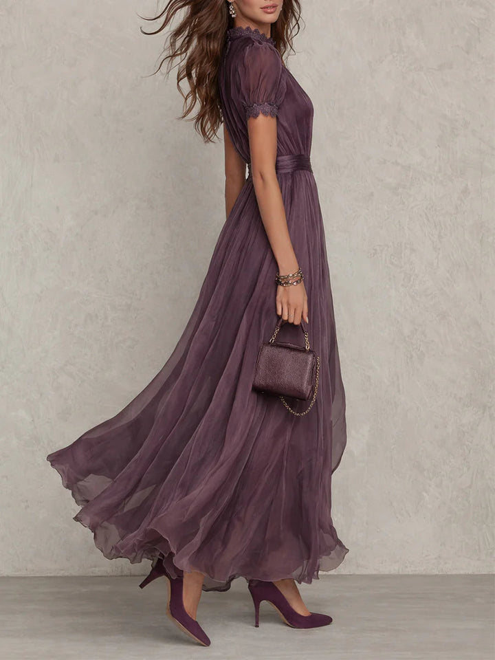 Flavia | Long Purple Keyhole-Neck Dress with Chiffon Lace Trim