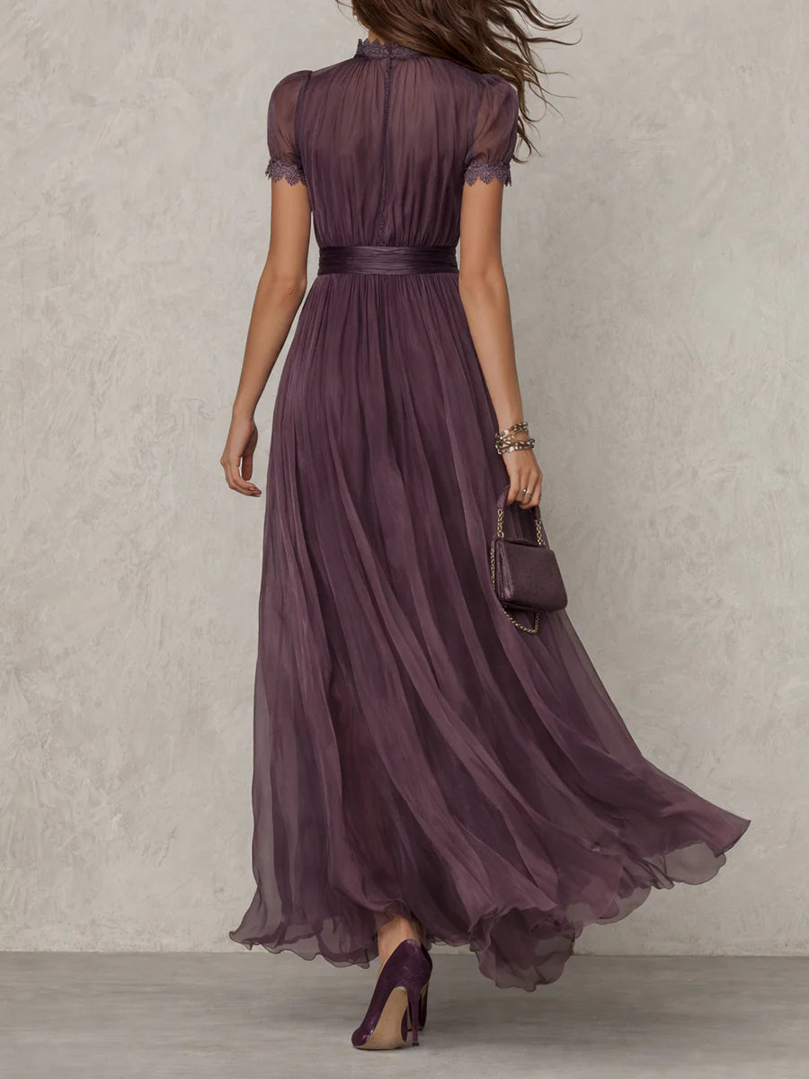 Flavia | Long Purple Keyhole-Neck Dress with Chiffon Lace Trim