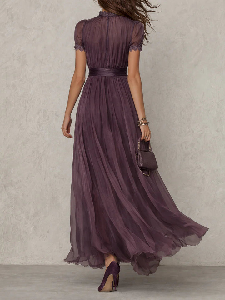 Flavia | Long Purple Keyhole-Neck Dress with Chiffon Lace Trim
