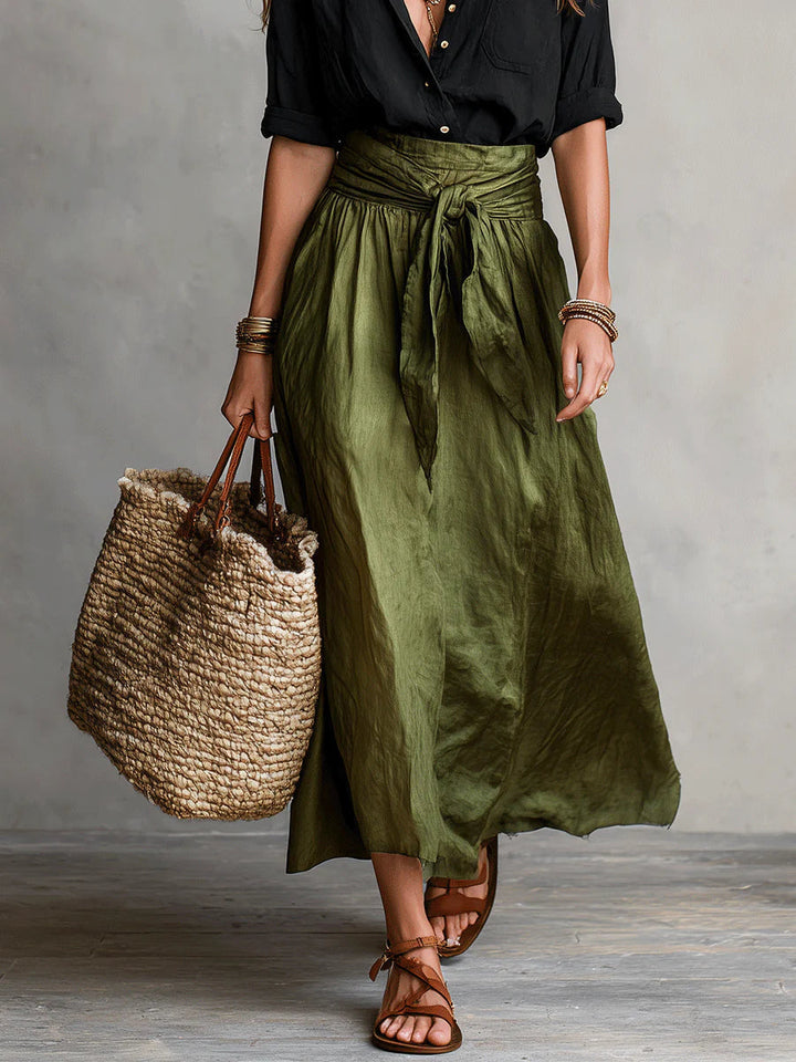 Vera – Two-Piece Set: Black Top and Olive Green Midi Skirt