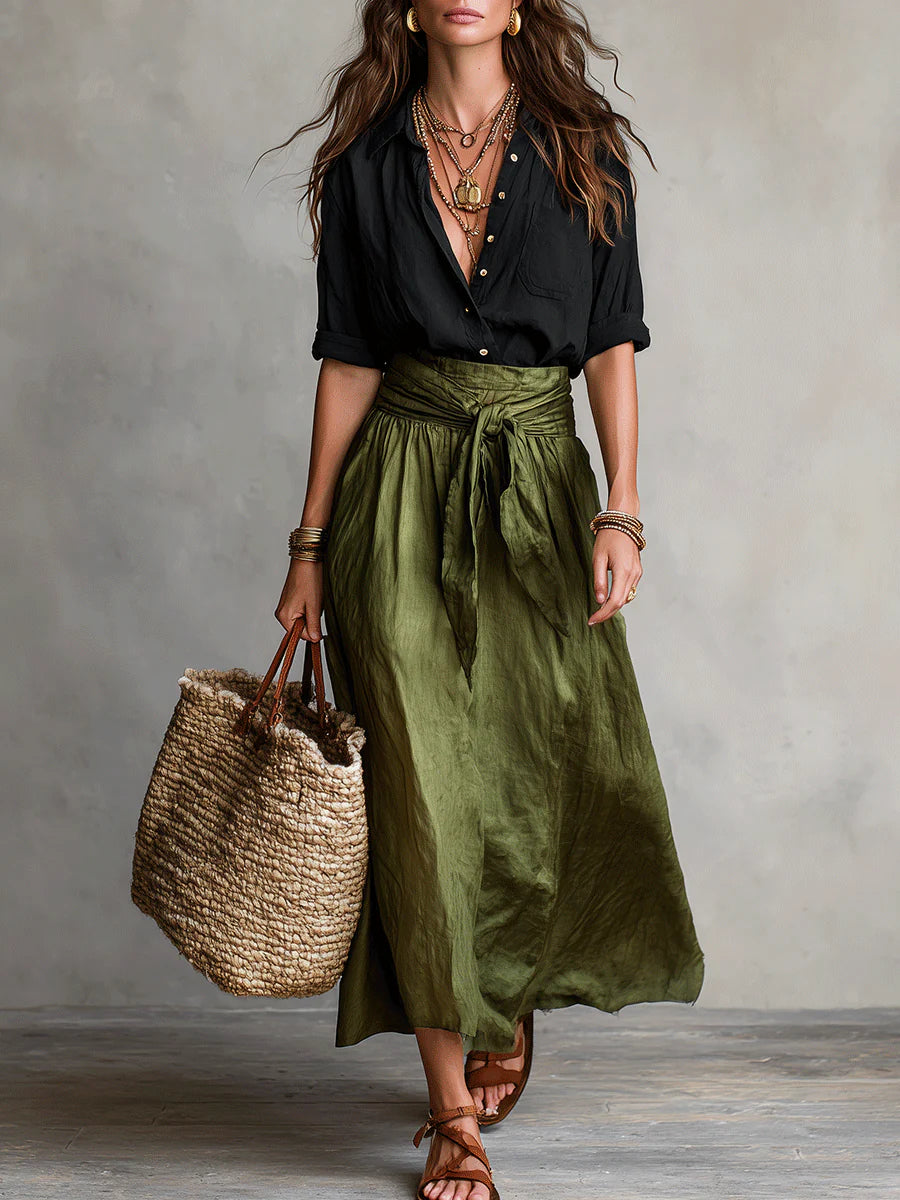 Vera – Two-Piece Set: Black Top and Olive Green Midi Skirt
