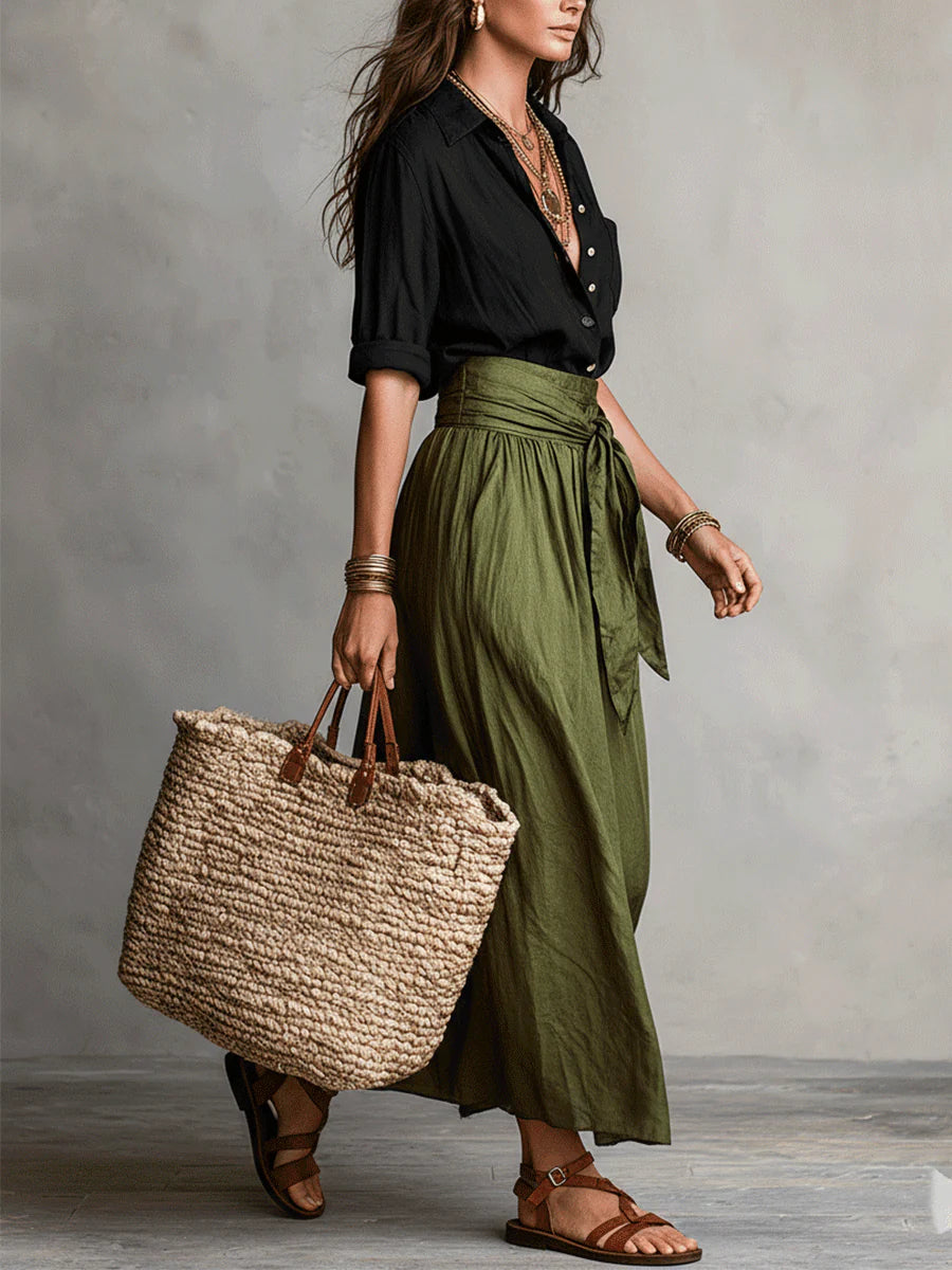 Vera – Two-Piece Set: Black Top and Olive Green Midi Skirt