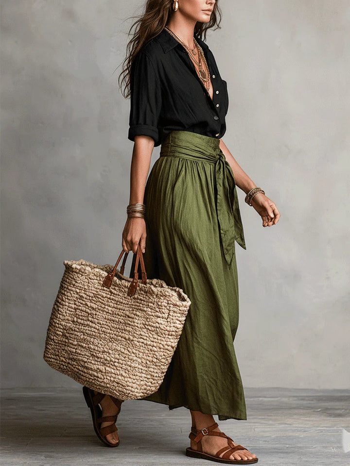 Vera – Two-Piece Set: Black Top and Olive Green Midi Skirt
