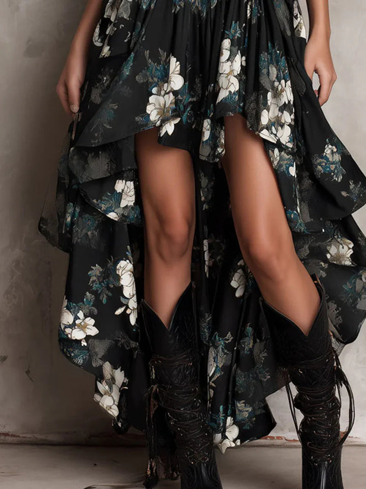 Black Boho Floral Maxi Dress with Asymmetric Hem