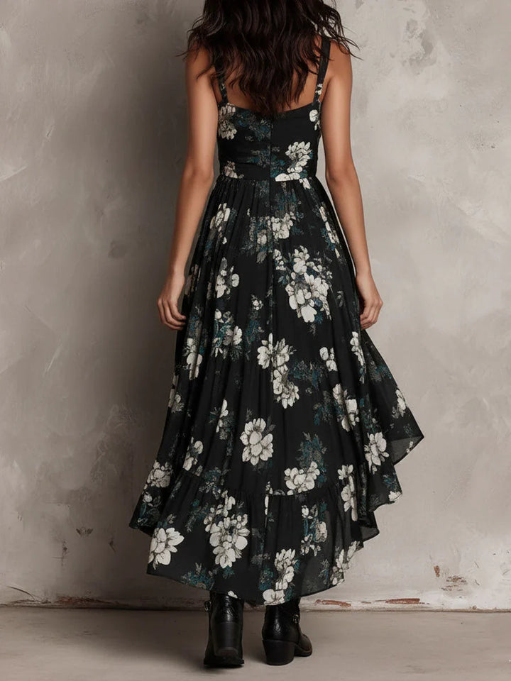 Black Boho Floral Maxi Dress with Asymmetric Hem