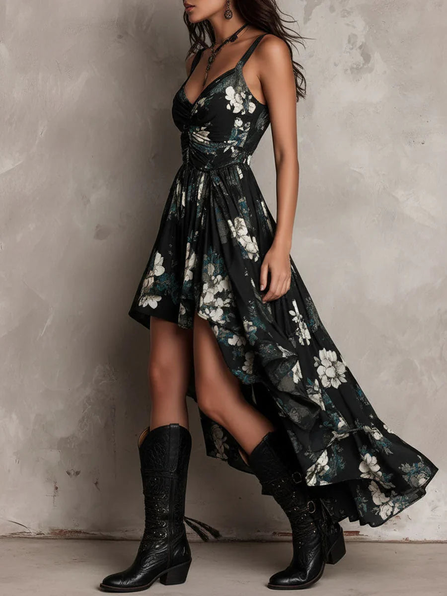 Black Boho Floral Maxi Dress with Asymmetric Hem