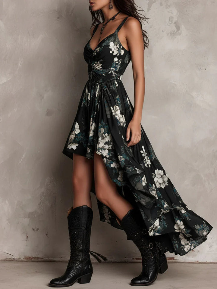 Black Boho Floral Maxi Dress with Asymmetric Hem