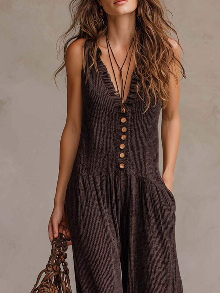 Retro Ruffled V-neck Wide-leg Jumpsuit