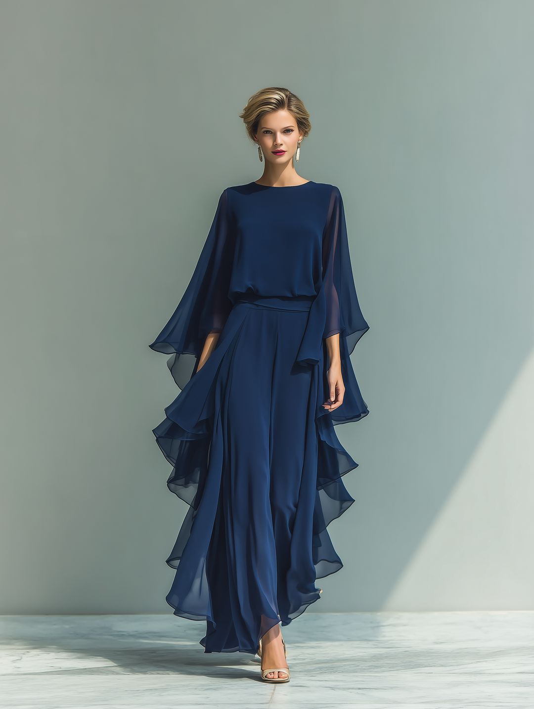 Navy Chiffon Flared-Sleeve Top and Straight-Leg Pants Set with Ruched Details