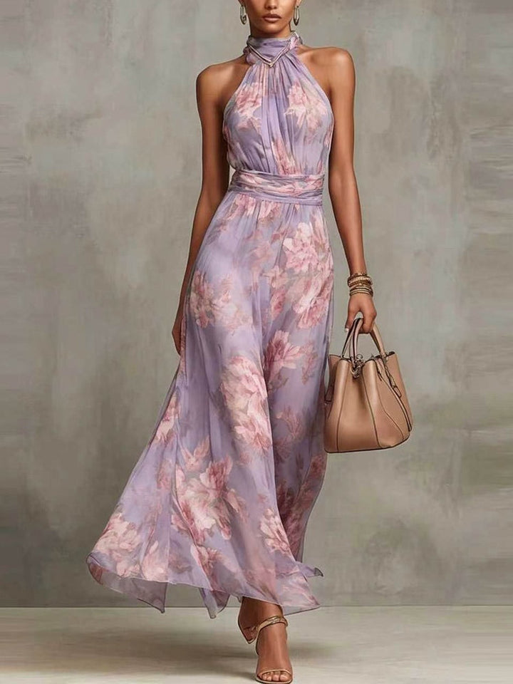 Green Floral Chiffon Halter Maxi Dress