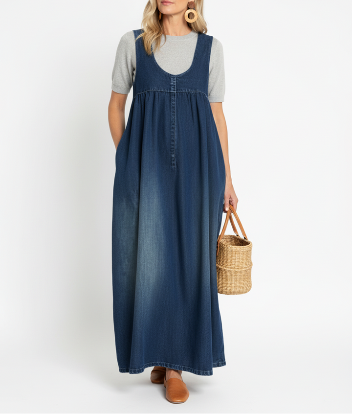 Karen | Long Vintage Washed Denim Dress with a Soft Cotton Feel