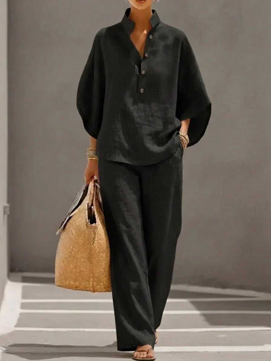 Sophie | Linen-Look Set with Batwing Sleeves and Wide-Leg Pants