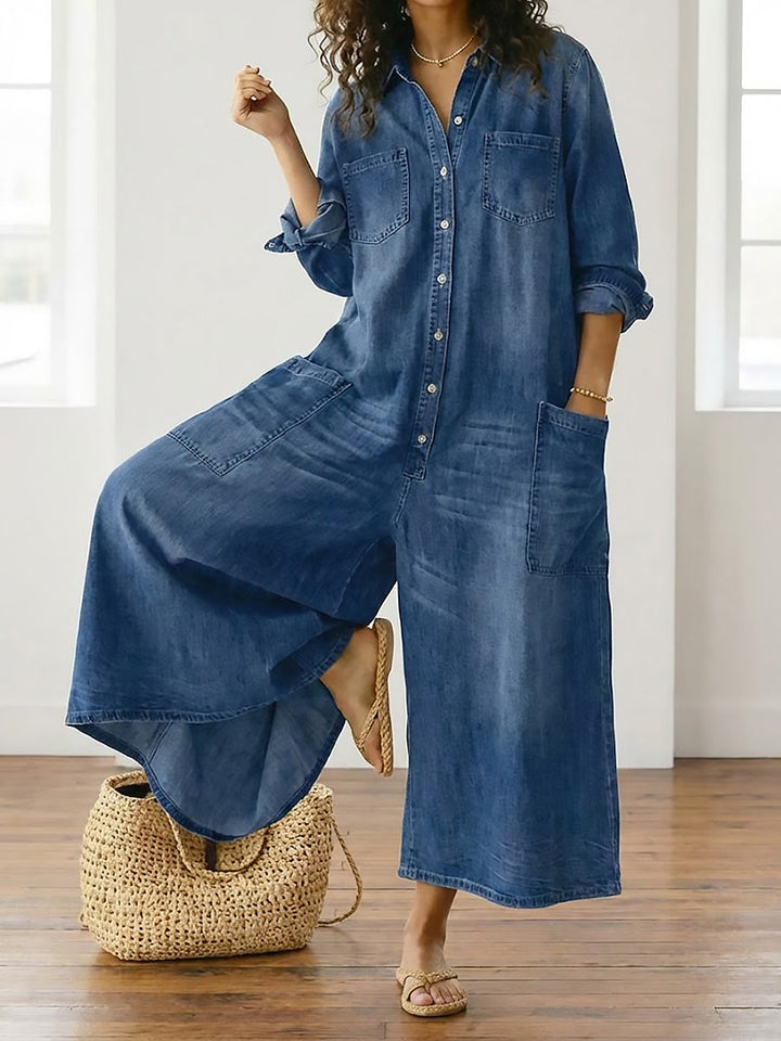Diana | Vintage Soft Washed Cotton Denim Jumpsuit with Buttons