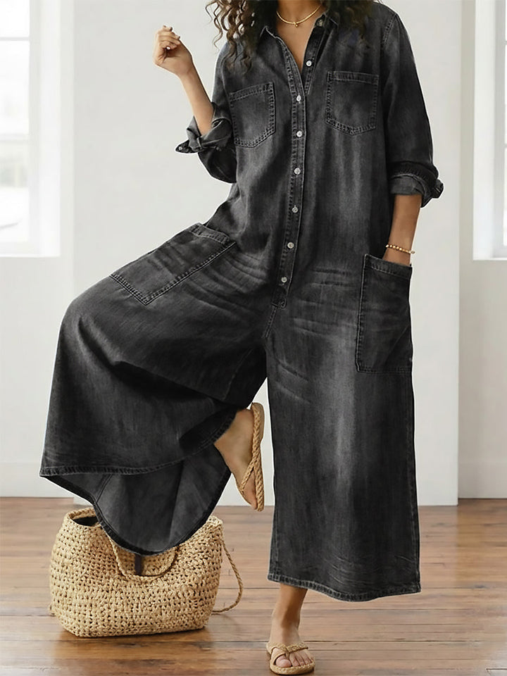 Diana | Vintage Soft Washed Cotton Denim Jumpsuit with Buttons