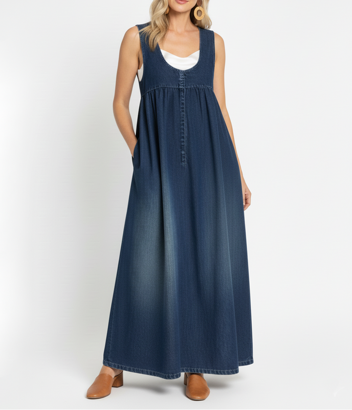 Karen | Long Vintage Washed Denim Dress with a Soft Cotton Feel