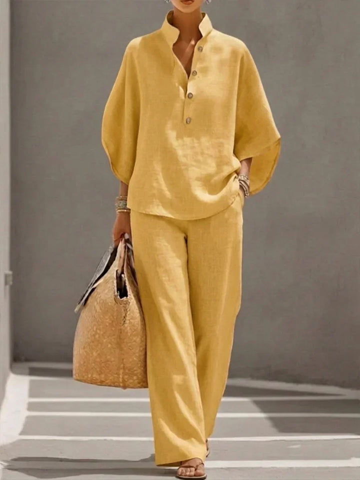 Sophie | Linen-Look Set with Batwing Sleeves and Wide-Leg Pants