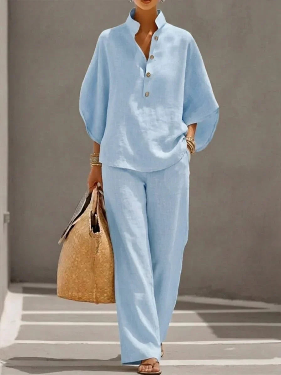 Sophie | Linen-Look Set with Batwing Sleeves and Wide-Leg Pants
