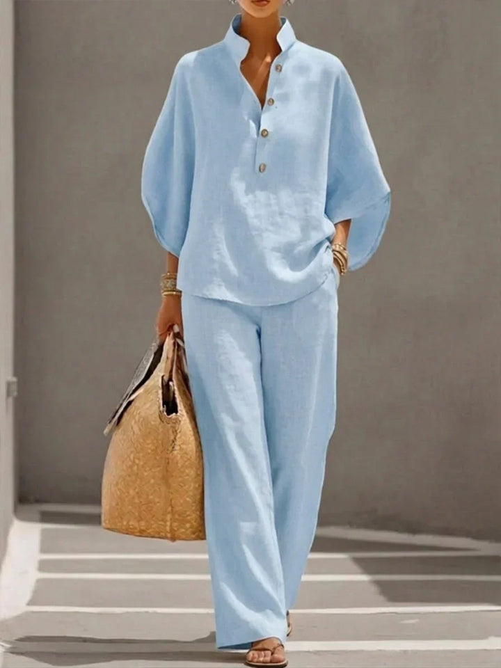 Sophie | Linen-Look Set with Batwing Sleeves and Wide-Leg Pants