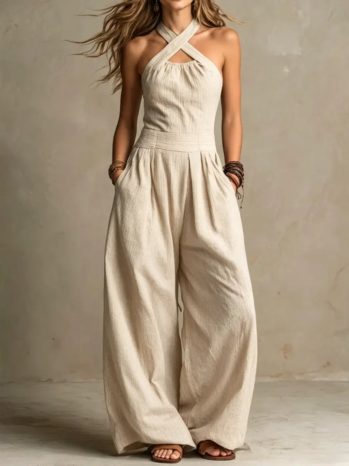 Bianca | Elegant Linen-Cotton Jumpsuit with Crossover Neckline