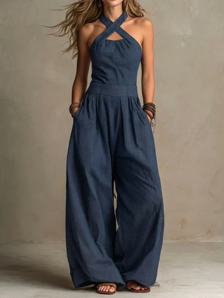 Bianca | Elegant Linen-Cotton Jumpsuit with Crossover Neckline