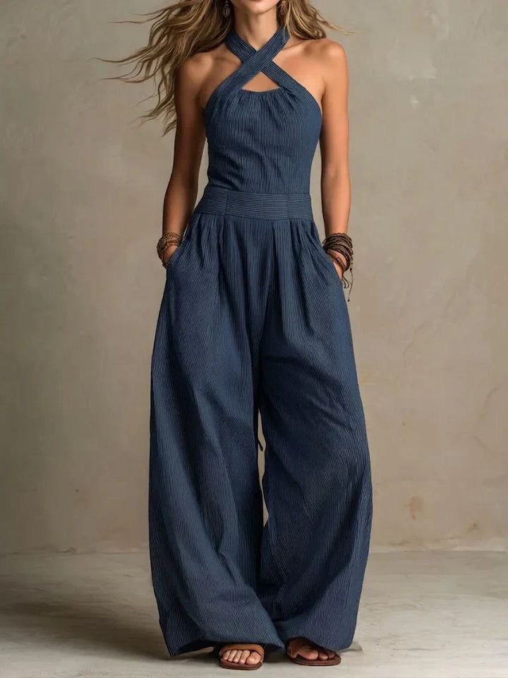 Bianca | Elegant Linen-Cotton Jumpsuit with Crossover Neckline