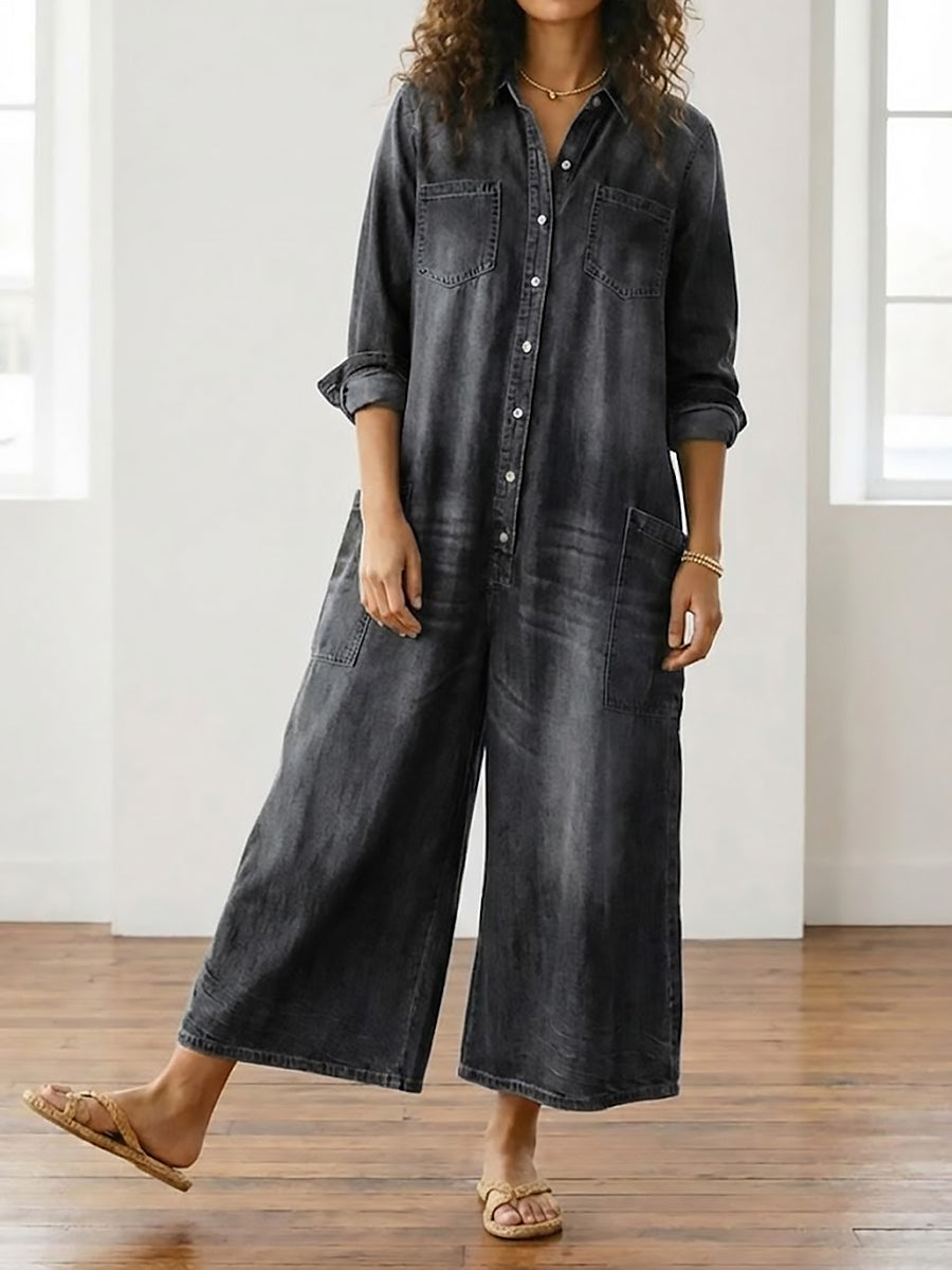 Diana | Vintage Soft Washed Cotton Denim Jumpsuit with Buttons