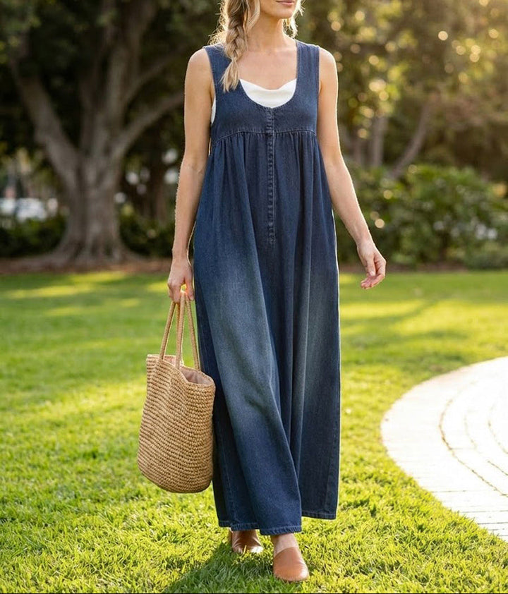 Karen | Long Vintage Washed Denim Dress with a Soft Cotton Feel