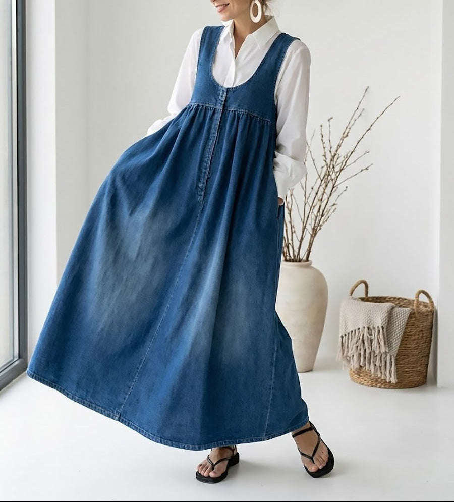 Karen | Long Vintage Washed Denim Dress with a Soft Cotton Feel