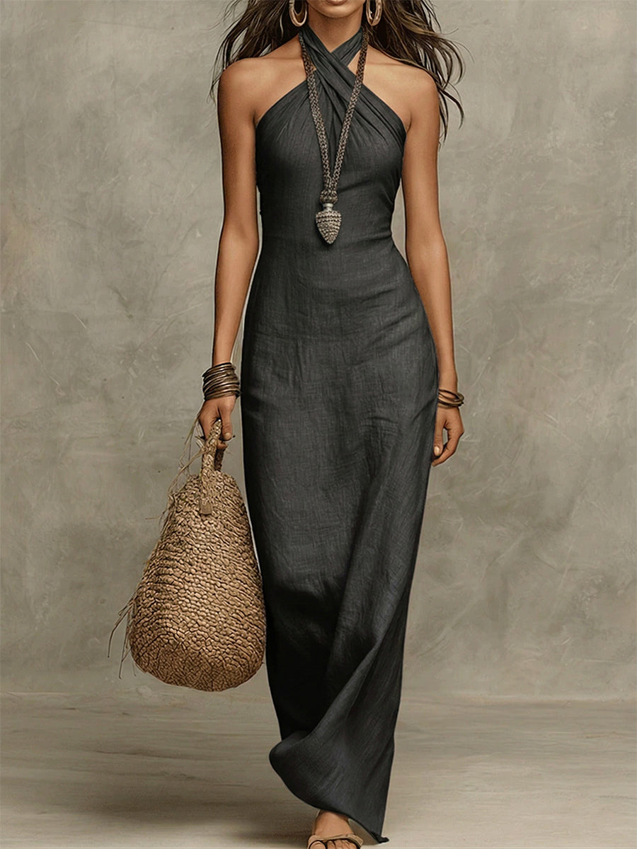 Avelina – Voluminous Cotton and Linen Halter Neck Maxi Dress