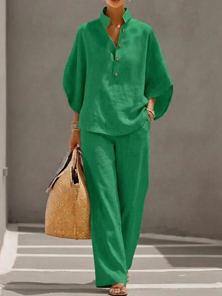 Sophie | Linen-Look Set with Batwing Sleeves and Wide-Leg Pants