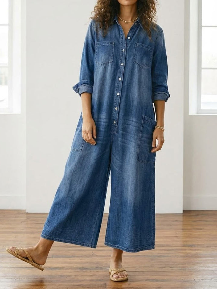 Diana | Vintage Soft Washed Cotton Denim Jumpsuit with Buttons